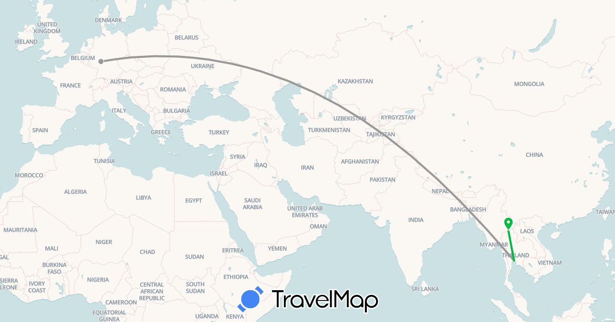 TravelMap itinerary: driving, bus, plane in Germany, Thailand (Asia, Europe)